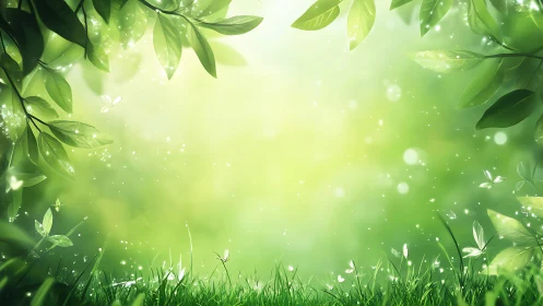 Luminous green meadow with glowing leaves and fireflies.