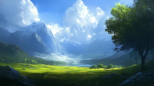 Sunlit valley dreams beneath towering blue-white mountains.
