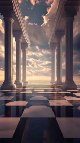Sunlit marble colonnade opens onto a radiant endless sky