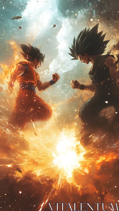 Two anime fighters converge above explosive energy blast.