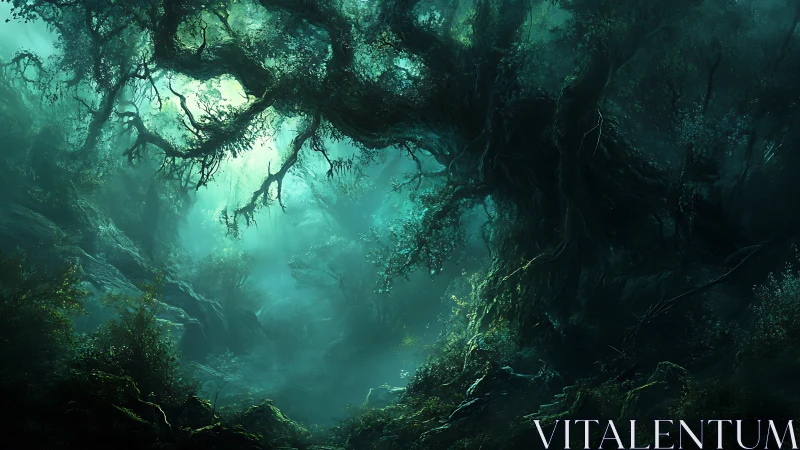 Mystical Forest Sanctuary Bathed in Ethereal Turquoise Light