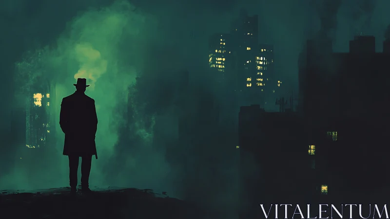 Silhouetted figure observes foggy high-rise city at night
