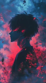 Digital painting silhouette with neon embers and foliage glow.