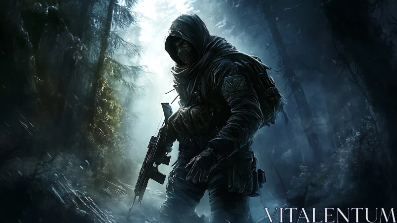 Stealth operative with carbine moving through misty conifer forest