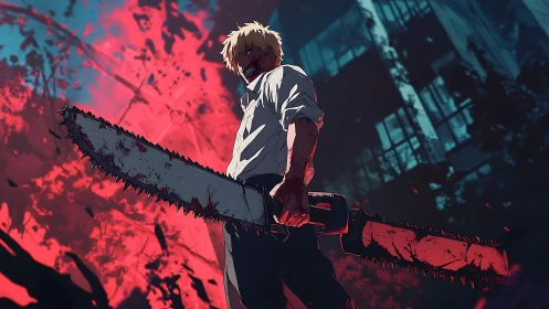 Bloodied chainsaw wielder under neon-lit devastation.