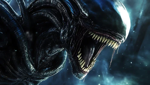 Alien-like biomechanical creature roars in cold blue light.