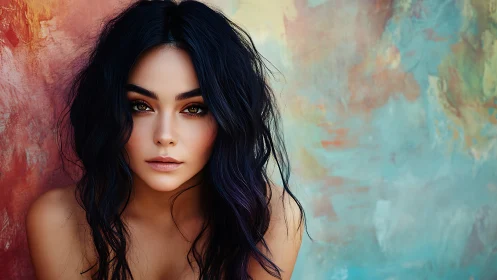 Soft gaze beside a swirling wall of color and quiet light.