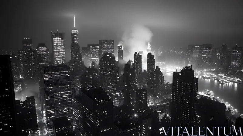 Dense city skyscrapers stand in foggy monochrome nightscape
