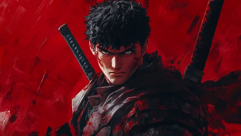 Scarred swordsman gazing through a storm of crimson fury.