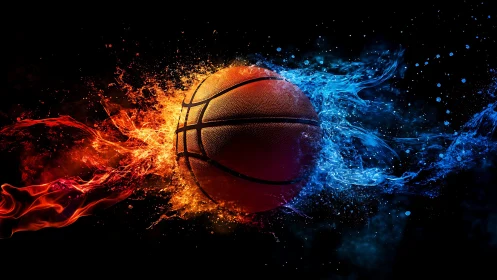Fiery and fluid basketball bursts through glowing color waves