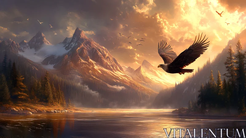 Aerodynamic eagle over glacial valley under volumetric sunset.