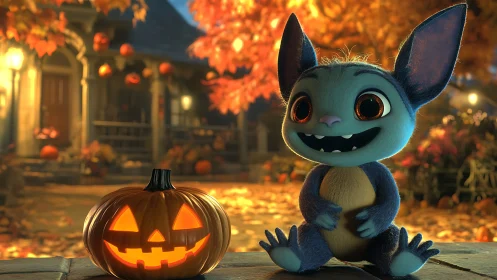 Cute blue creature with glowing jack o lantern on porch.