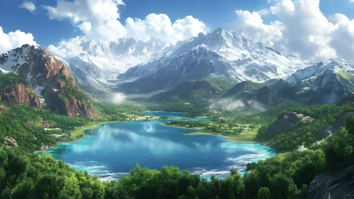 Sunlit alpine lake beneath vast snow crowned peaks.