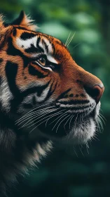 Tiger profile close-up with sharp whiskers in soft light.