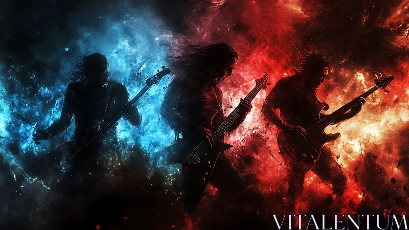 Rock musicians in blue and red abstract light contrast.