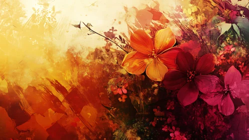Warm-toned floral composition with orange-red gradient and blended botanical elements.