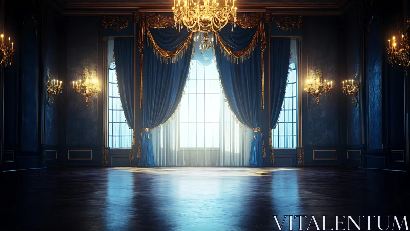 Grand blue ballroom interior under gilded chandeliers.