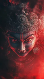 Ember-eyed deity rising from scarlet ceremonial smoke.