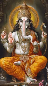 Elephant-headed deity seated frontally in ornate golden shrine