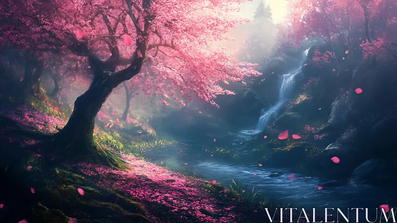 Cherry blossom ravine with volumetric light and cascading stream