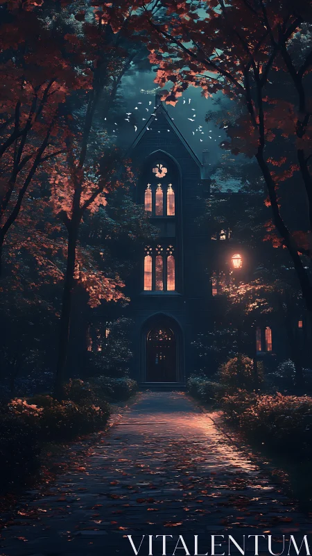 Midnight academy windows glow while the forest quietly listens