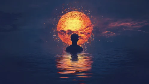 Silhouette gazes at a blazing sun over calm reflective waters