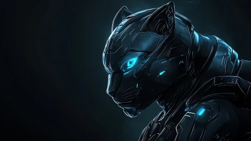 Cybernetic panther profile rendered with emissive teal circuitry accents