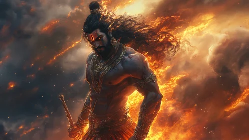 Fiery warrior demigod in burning storm of smoke and flame.