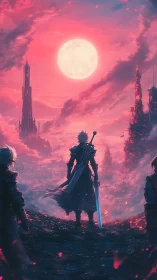 Swordbearer before crimson moon over ruined citadel.