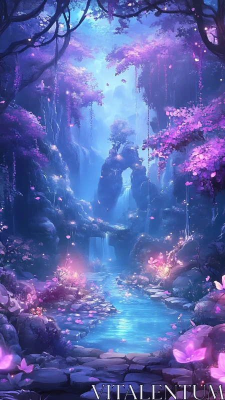 Luminescent enchanted river under ethereal violet canopy.