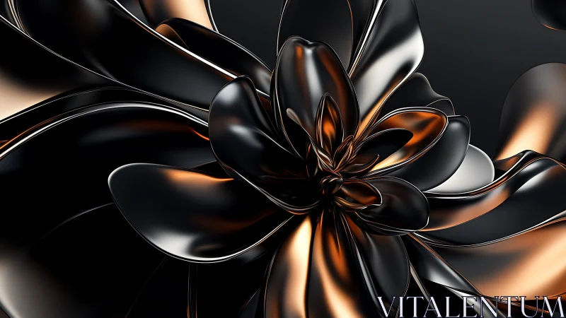 Metallic black chrome flower sculpture with copper glow.
