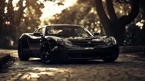 Midnight electric roadster basking in forest amber glow.