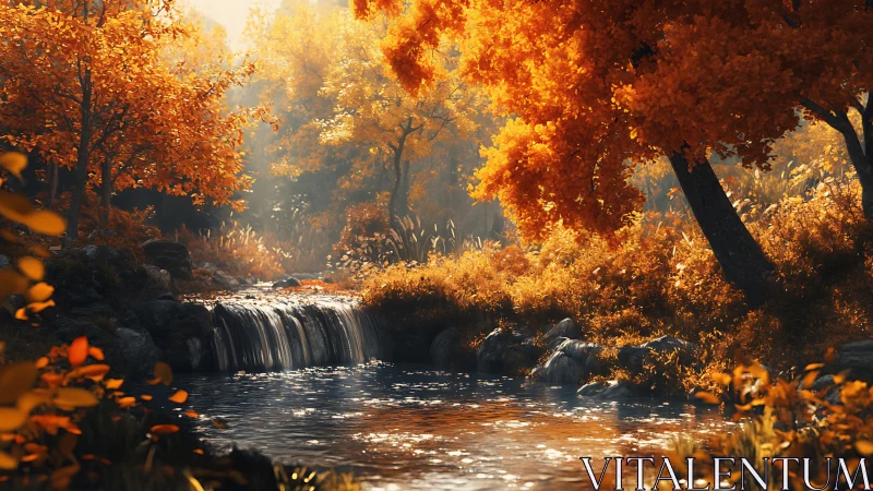 Golden Autumn Forest Waterfall with Luminescent Canopy