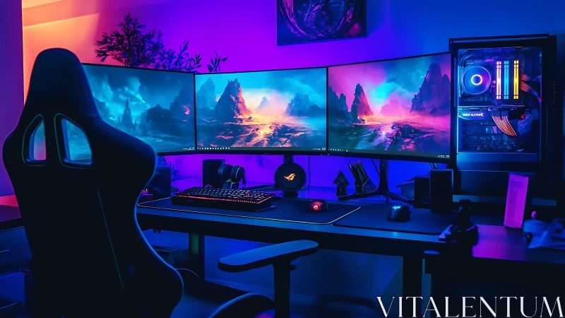 Triple-monitor RGB gaming workstation in low light interior.