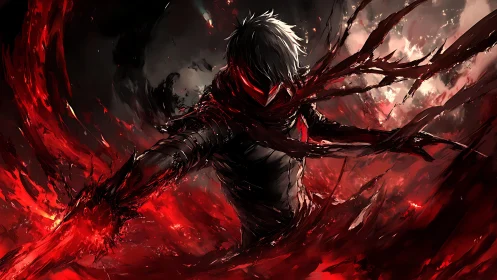 Dark figure stands amid abstract red energy streams