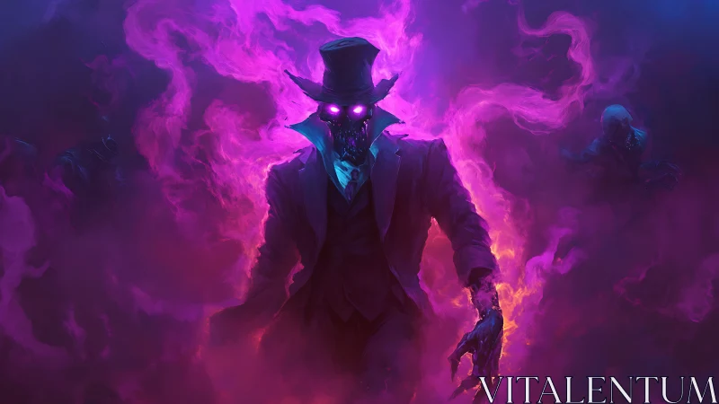 Top-hatted spectral figure strides through neon smoke field