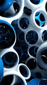 Interlocking blue white tubular rings form glossy lattice