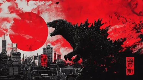 Godzilla silhouette over red sun and dense cityscape.