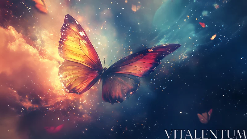Celestial ember butterfly drifts through starlit nebula skies.