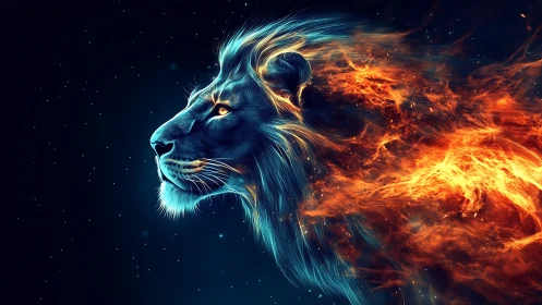 Neon lion profile transitions into volumetric flaming particle mane