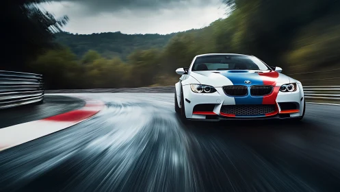 High-speed BMW coupe on wet racetrack with motion blur dynamics