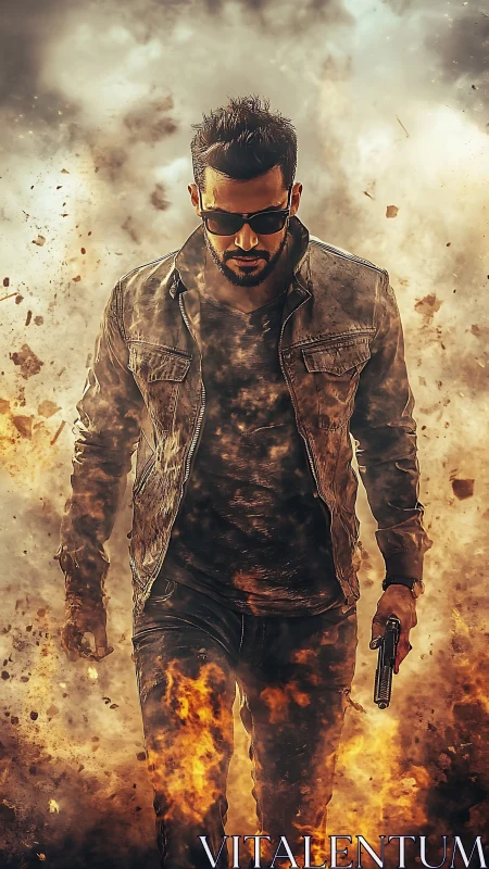 Lone fire-walker strides through explosive inferno haze.