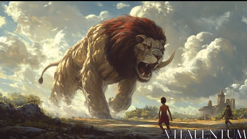 Titanic winged lion creature rendered with atmospheric volumetric lighting and dramatic compositiona