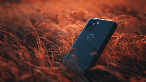 Black smartphone resting upright in dense orange grass field.