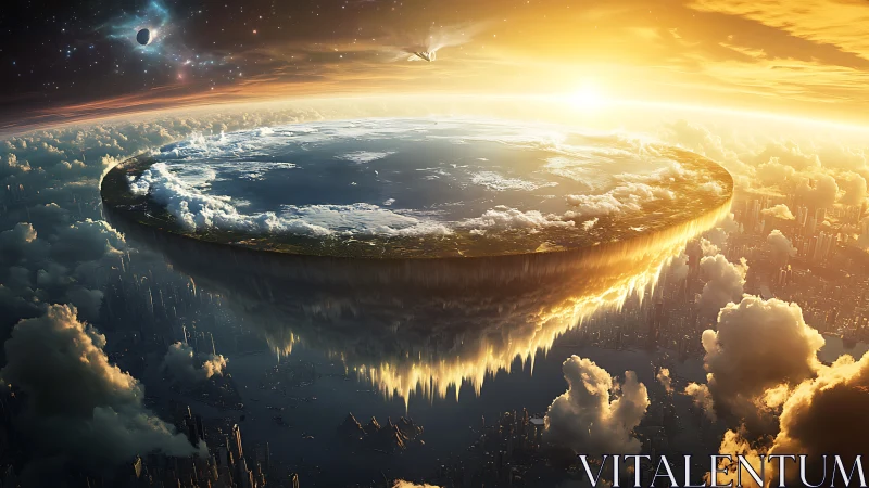 Flat floating world above clouds with glowing skyline.