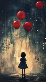 Child silhouette holding red balloons in abstract space.