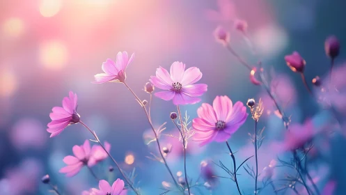 Pink cosmos flowers in soft focus landscape environment.