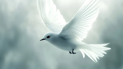 White bird in mid-flight against soft blurred background