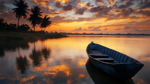 Solitary wooden boat on tropical river at vivid sunset.