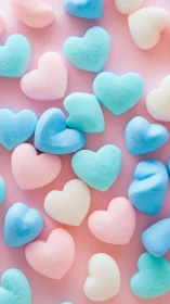 Arranged heart-shaped confections on pink surface.